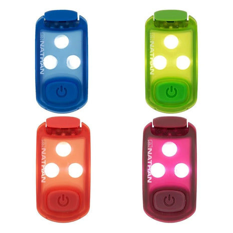 StrobeLight LED Safety Light Clip by Nathan in blue, green, red, and pink, lightweight LED clips for running safety and visibility