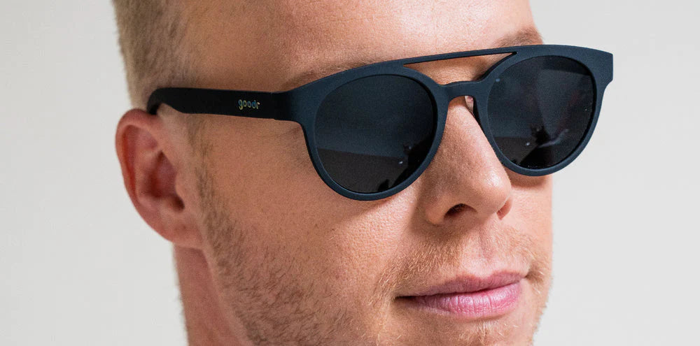 Professor 00G by Goodr in black with dark lenses, stylish eyewear for scholars with a budget blending classic and modern vibes