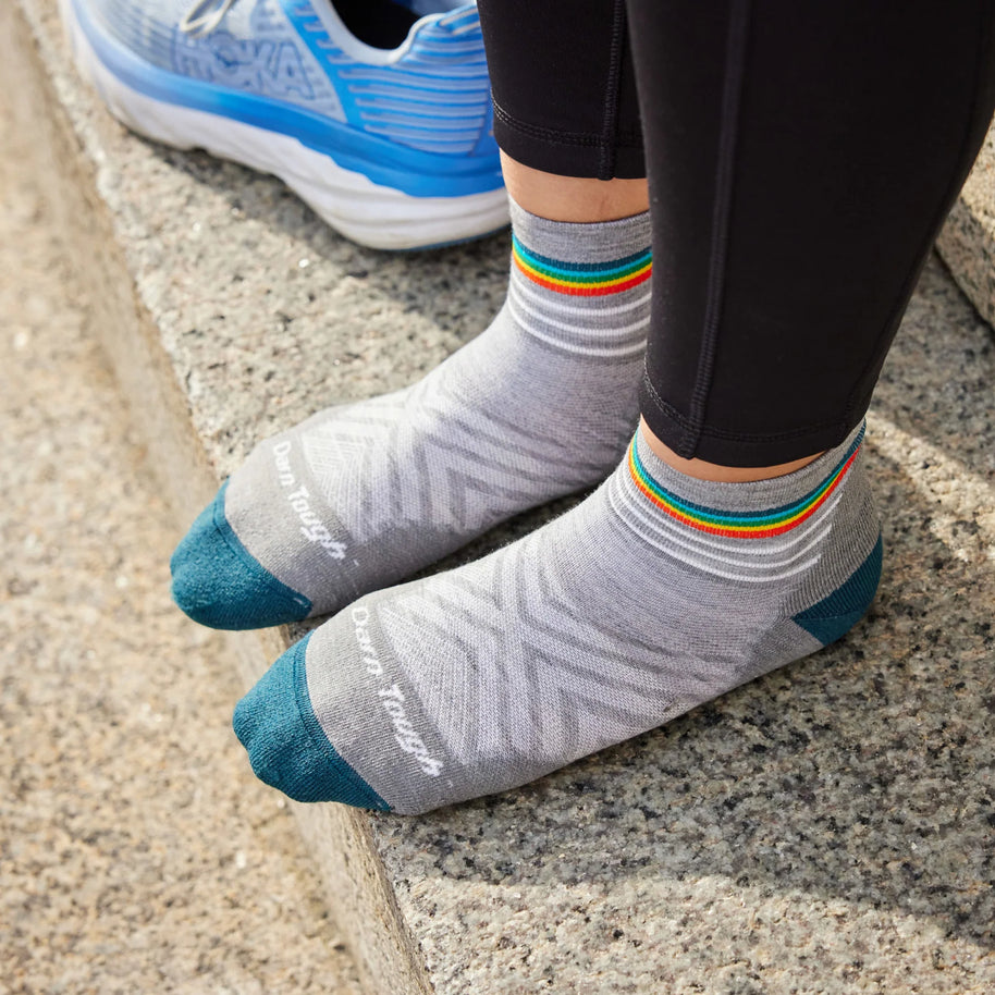 Run Quarter Ultra-Lightweight w/Cushion Running Sock - Women by Darn Tough in grey with teal toe and rainbow stripe, ultra-lightweight with ankle coverage for running and training