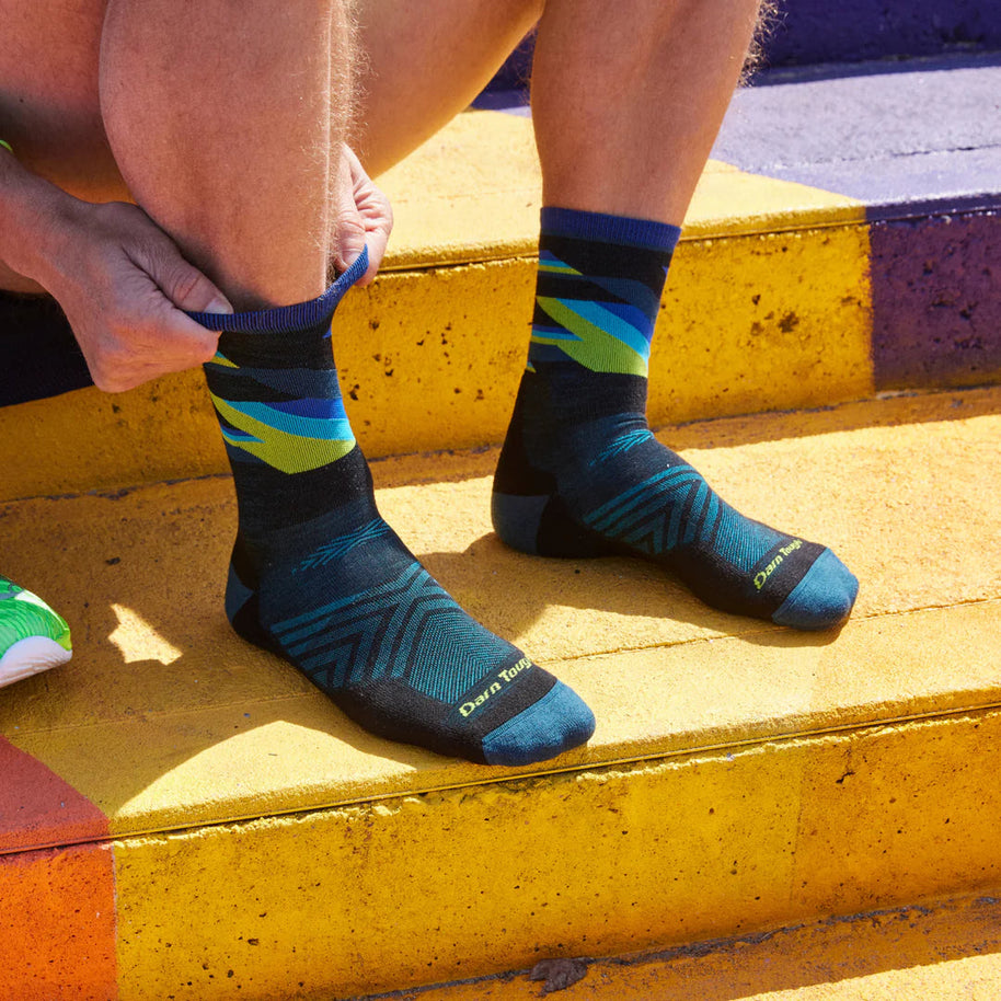 Bolt Micro Crew Ultra-Lightweight w/Cushion Running Sock - Men by Darn Tough in blue and green with ultra-lightweight Meri for running and outdoor use