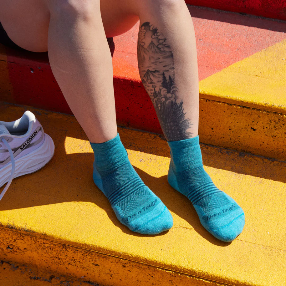 Element Quarter Lightweight w/Cushion Running Sock - Women by Darn Tough in teal, moisture-wicking Merino Wool with mesh panels for running and triathlon training