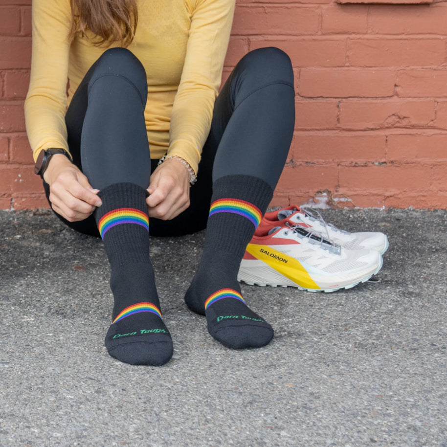 Prism Crew Lightweight w/Cushion Running Sock - Women by Darn Tough in black with rainbow detail, merino wool, durable and flexible for running