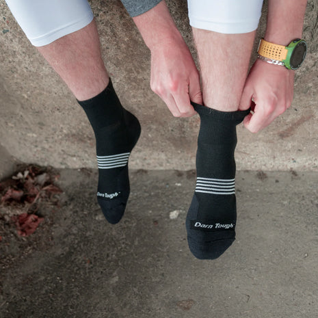 Element Quarter Lightweight w/Cushion Running Sock - Men by Darn Tough in black with mesh panels for breathable comfort during long endurance runs