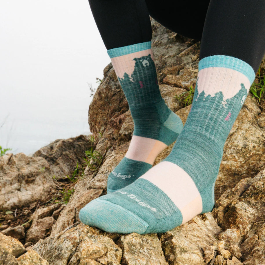 Bear Town Micro Crew Lightweight Hiking Sock - Women by Darn Tough in pastel green and pink with Merino wool, cushioned and anti-funk for hiking.