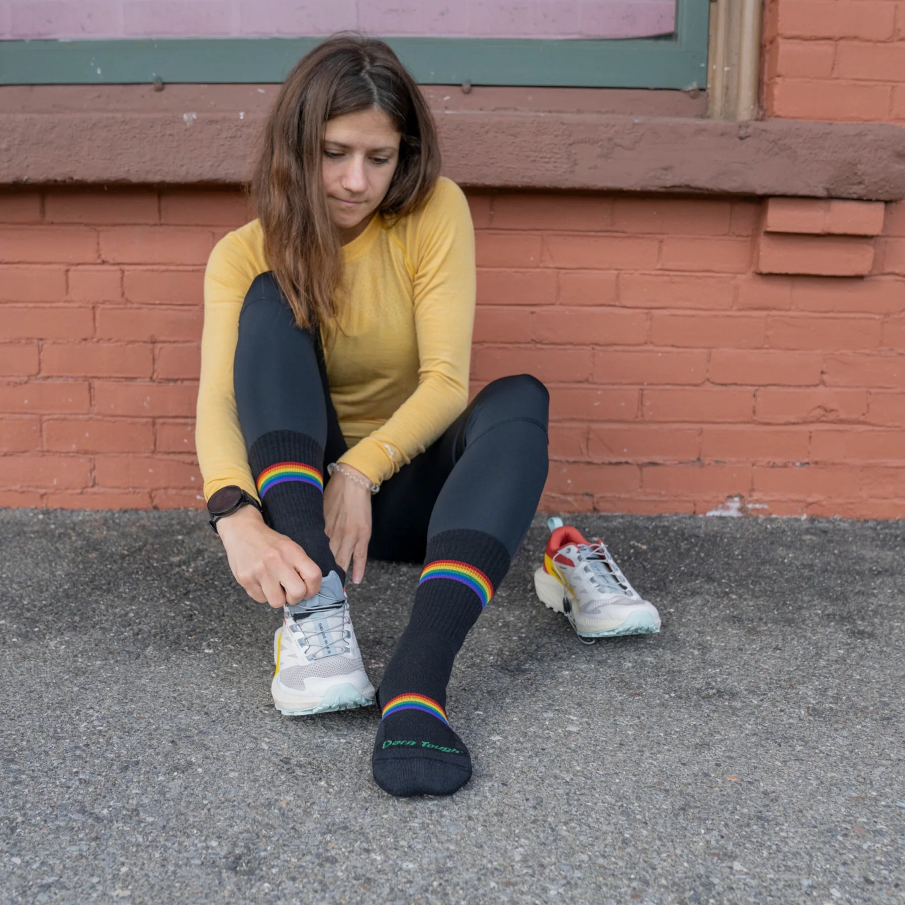 Prism Crew Lightweight w/Cushion Running Sock - Women by Darn Tough in black with rainbow stripe, merino wool, cushioned and flexible for running