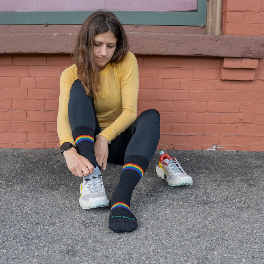 Prism Crew Lightweight w/Cushion Running Sock - Women by Darn Tough in black with rainbow stripe, merino wool, cushioned and flexible for running