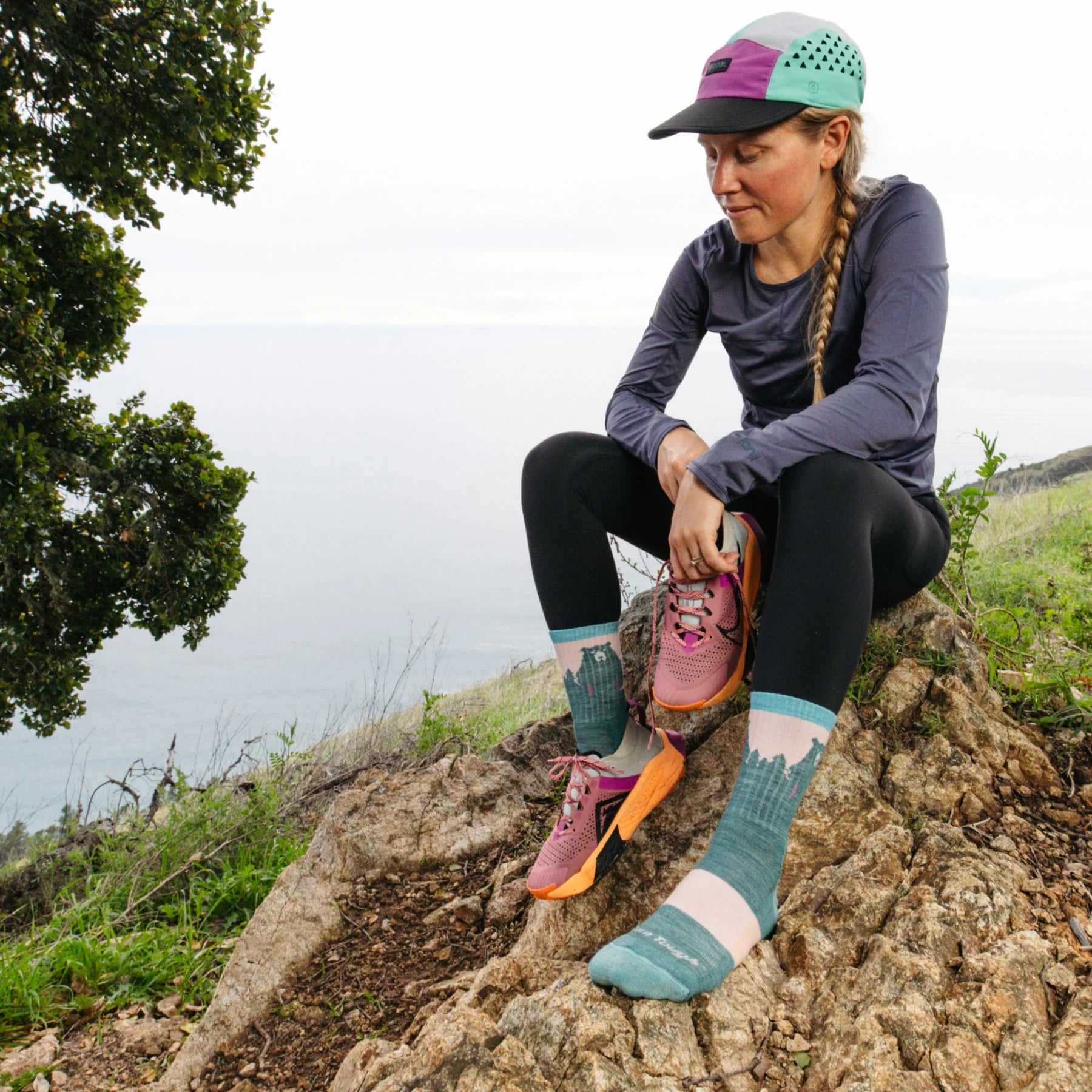 Bear Town Micro Crew Lightweight Hiking Sock - Women by Darn Tough in teal and pink, cushioned Merino wool sock for hiking and outdoor use