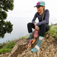 Bear Town Micro Crew Lightweight Hiking Sock - Women by Darn Tough in teal and pink, cushioned Merino wool sock for hiking and outdoor use