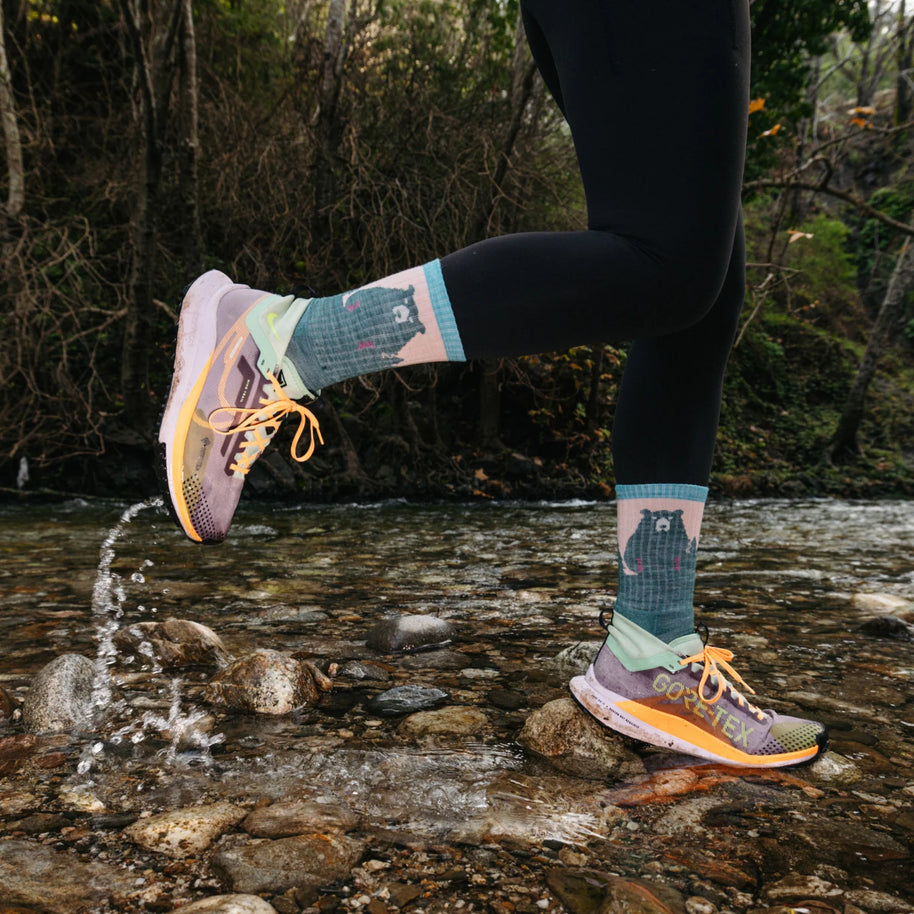 Bear Town Micro Crew Lightweight Hiking Sock - Women by Darn Tough in teal and pink with Merino wool cushioning for hiking and outdoor use