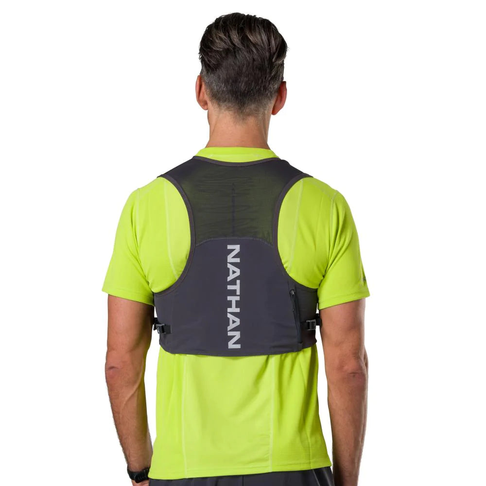 Pinnacle Run Lite Vest by Nathan in black and grey, ultra-lightweight breathable hydration vest ideal for road and trail running