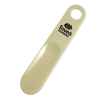 Foveo Running shoe horn in beige plastic with black Foveo Running logo and hanging hole