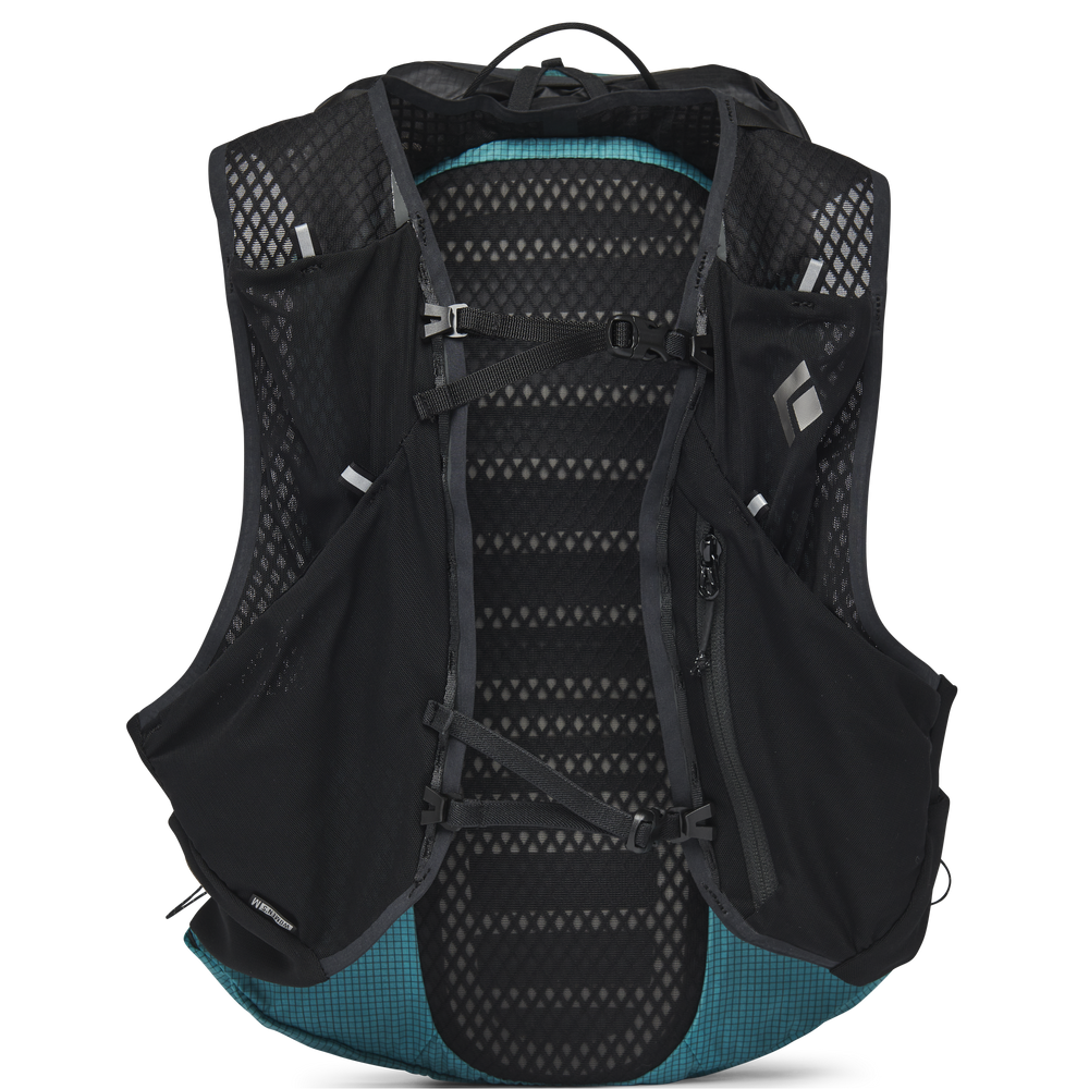 Distance 15 Backpack - Women (Prior Season) by Black Diamond in black and teal, hybrid lightweight pack for alpine running and scrambling