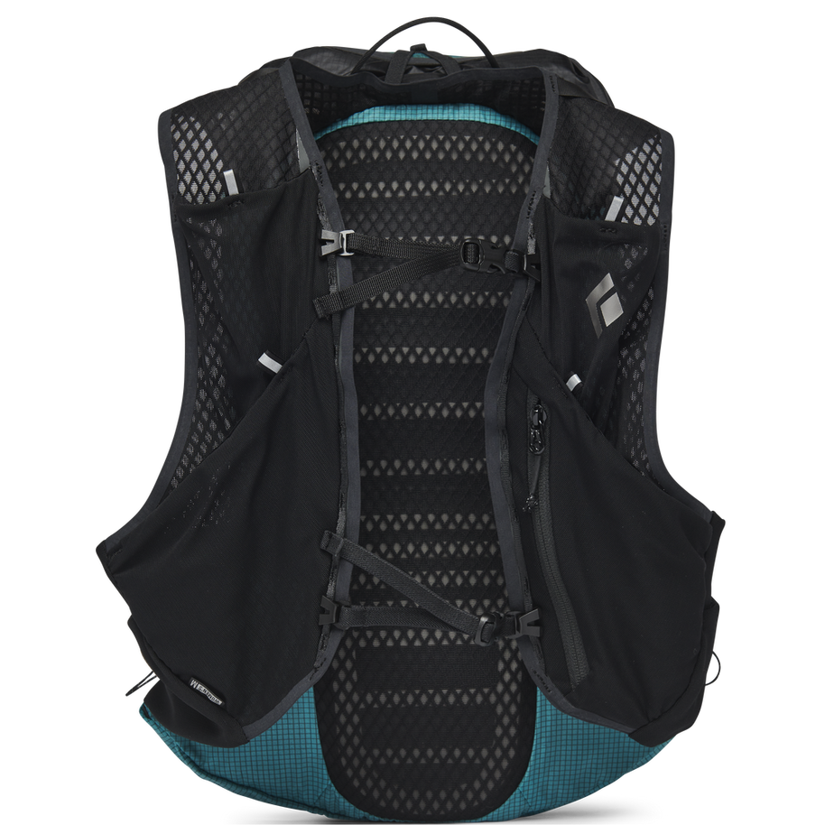 Distance 15 Backpack - Women (Prior Season) by Black Diamond in black and teal, hybrid lightweight pack for alpine running and scrambling