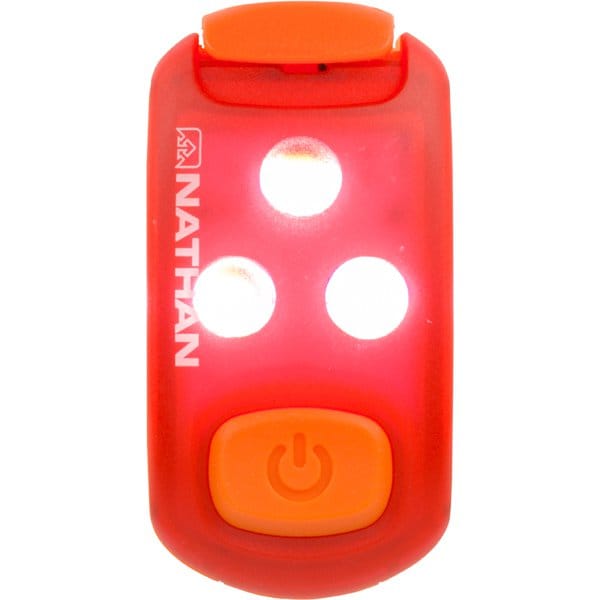 StrobeLight LED Safety Light Clip in red and orange by Nathan, small lightweight LED safety light for running and outdoor visibility