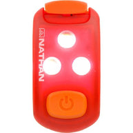 StrobeLight LED Safety Light Clip in red and orange by Nathan, small lightweight LED safety light for running and outdoor visibility