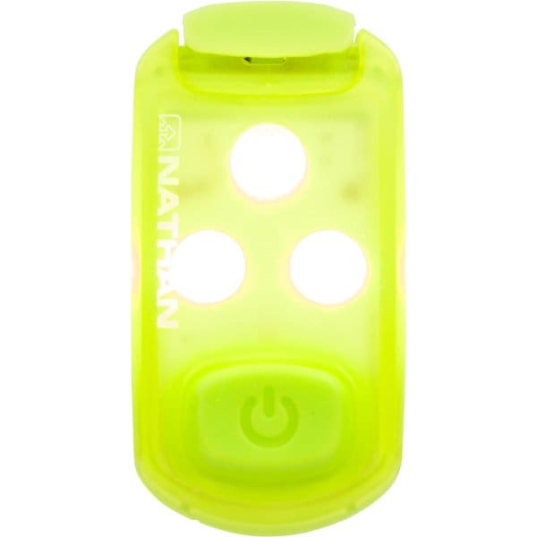 StrobeLight LED Safety Light Clip by Nathan in neon yellow, lightweight LED clip for running safety and visibility outdoors
