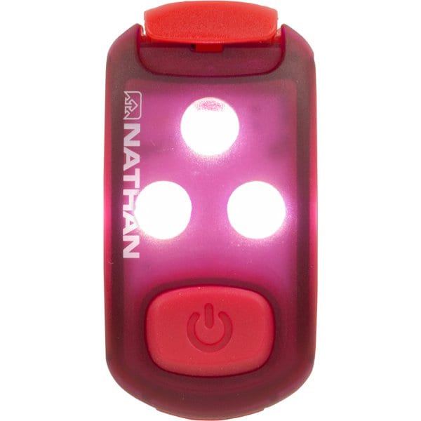 StrobeLight LED Safety Light Clip by Nathan in red, lightweight LED clip-on safety light for running and outdoor visibility