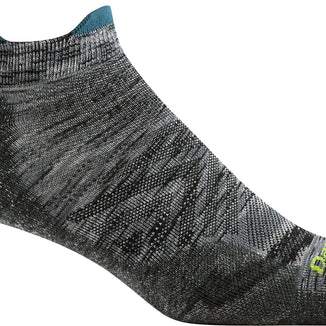 Run No Show Tab Ultra-Lightweight w/Cushion Running Sock - Men by Darn Tough in grey with blue and yellow, blister-resistant Merino wool sock ideal for running