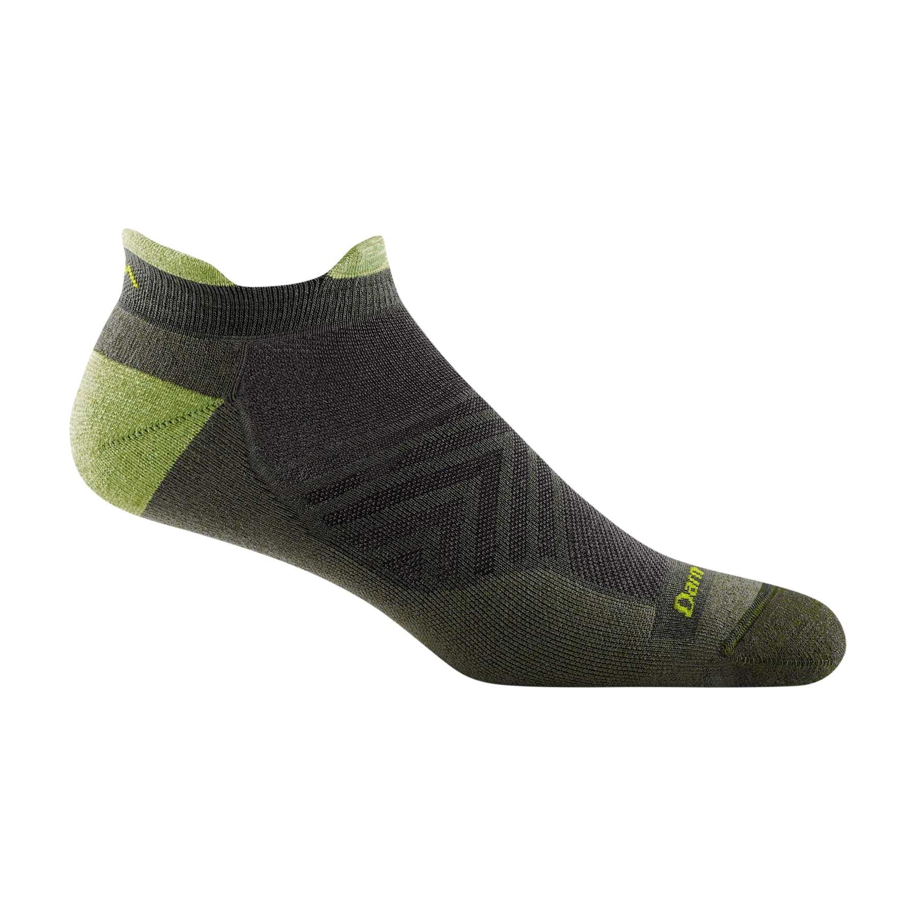 Run No Show Tab Ultra-Lightweight Running Sock - Men by Darn Tough in dark grey and green with chafe-free cuff and flex zones for running comfort