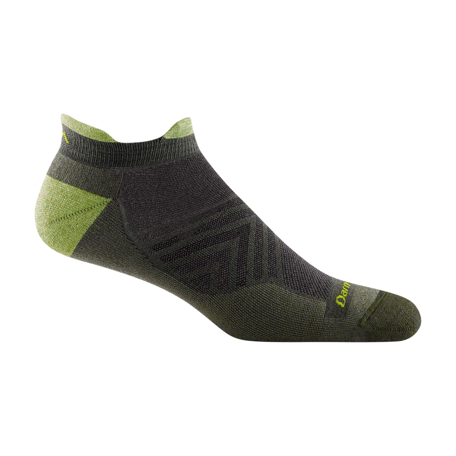 Run No Show Tab Ultra-Lightweight Running Sock - Men by Darn Tough in dark grey and green with chafe-free cuff and flex zones for running comfort