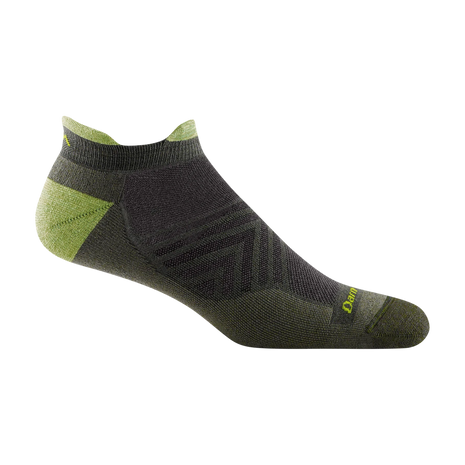 Run No Show Tab Ultra-Lightweight w/Cushion Running Sock - Men by Darn Tough in dark grey and green with Merino wool for blister protection and sweat-wicking.