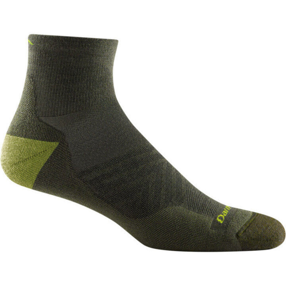 Run Quarter Ultra-Lightweight w/Cushion Running Sock - Men by Darn Tough in olive green with ankle coverage and silky ribbing for trail running and training