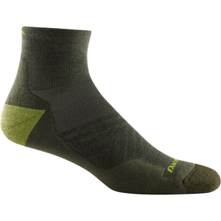 Run Quarter Ultra-Lightweight w/Cushion Running Sock - Men by Darn Tough in olive green with ankle coverage and silky ribbing for trail running and training