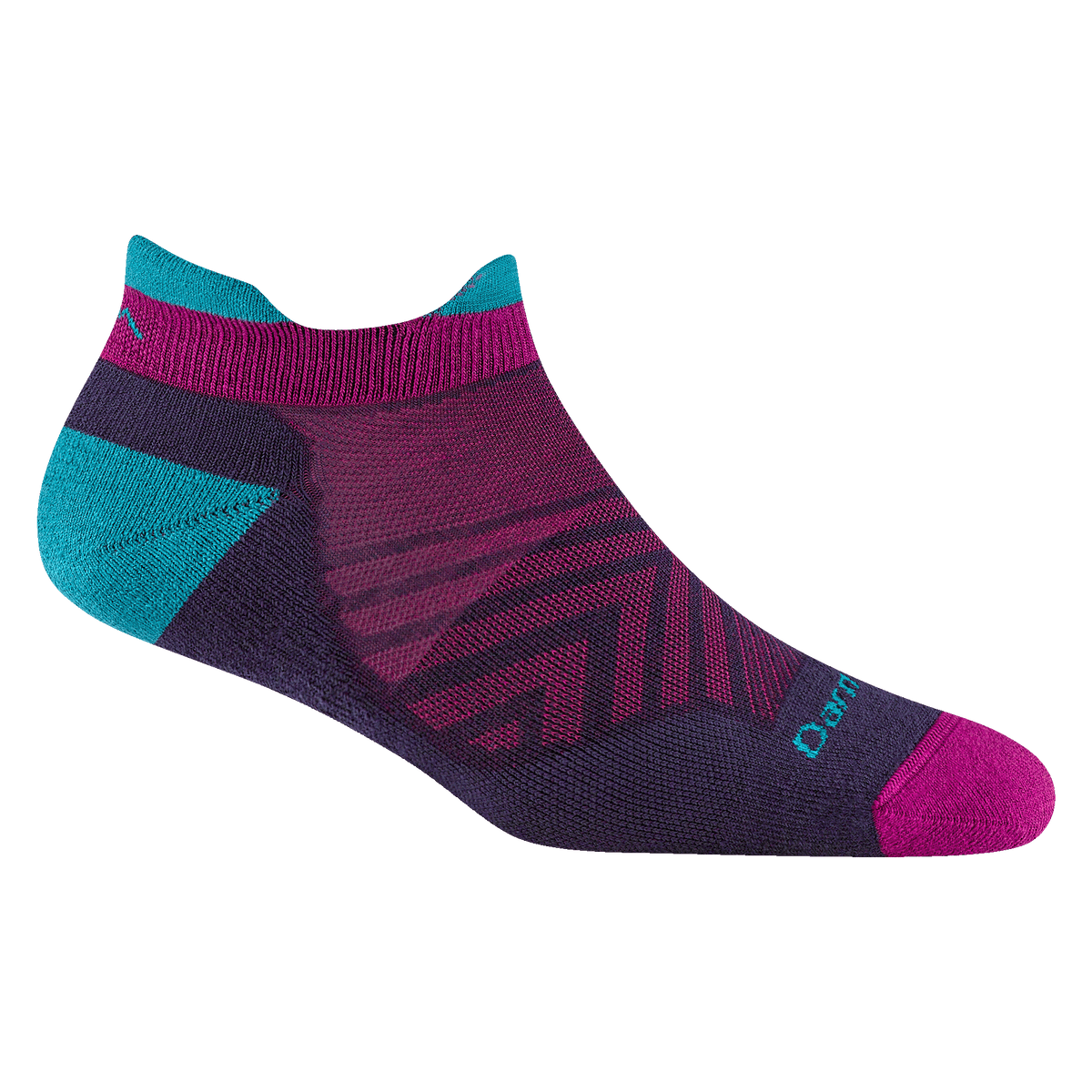 Darn Tough women's Run No Show Tab running sock in Blackberry, deep purple with magenta toe and teal heel tab