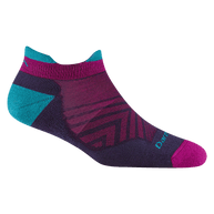 Darn Tough women's Run No Show Tab running sock in Blackberry, deep purple with magenta toe and teal heel tab