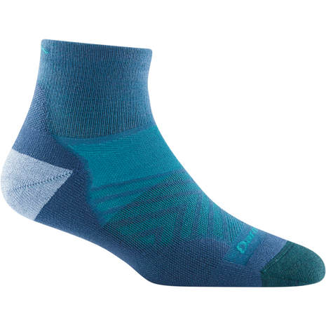 Run Quarter Ultra-Lightweight w/Cushion Running Sock - Women by Darn Tough in blue and teal with ankle coverage and silky ribbing for running and training