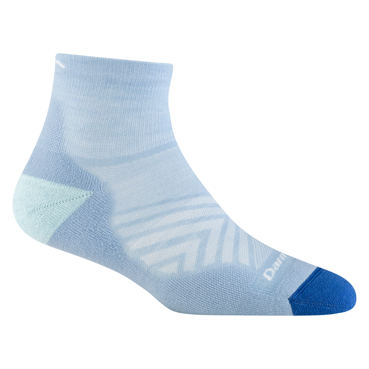 Darn Tough women's Run Quarter running sock in Sky, side view of sky-blue sock with dark blue toe