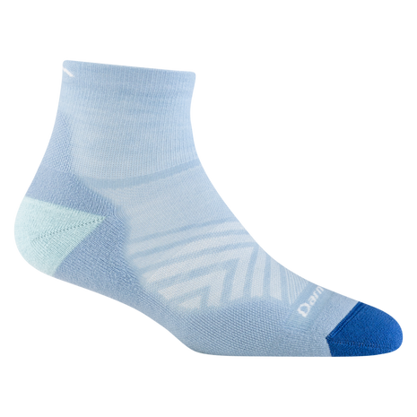 Darn Tough women's Run Quarter running sock in Sky, side view of sky-blue sock with dark blue toe