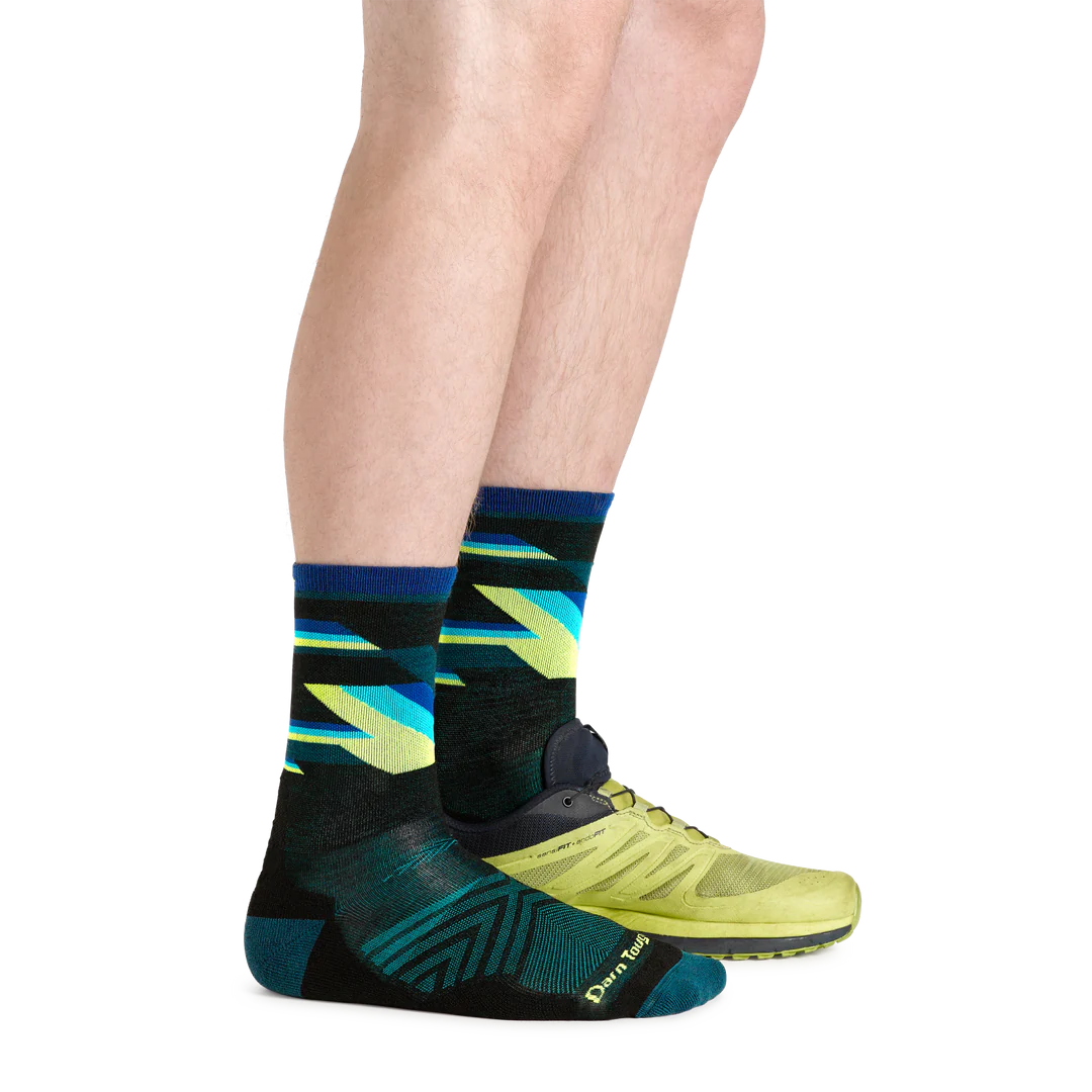 Bolt Micro Crew Ultra-Lightweight w/Cushion Running Sock - Men by Darn Tough in black and blue with lime green stripes, ultra-light Merino for running and outdoor use