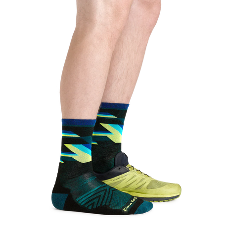 Bolt Micro Crew Ultra-Lightweight w/Cushion Running Sock - Men by Darn Tough in black and blue with lime green stripes, ultra-light Merino for running and outdoor use