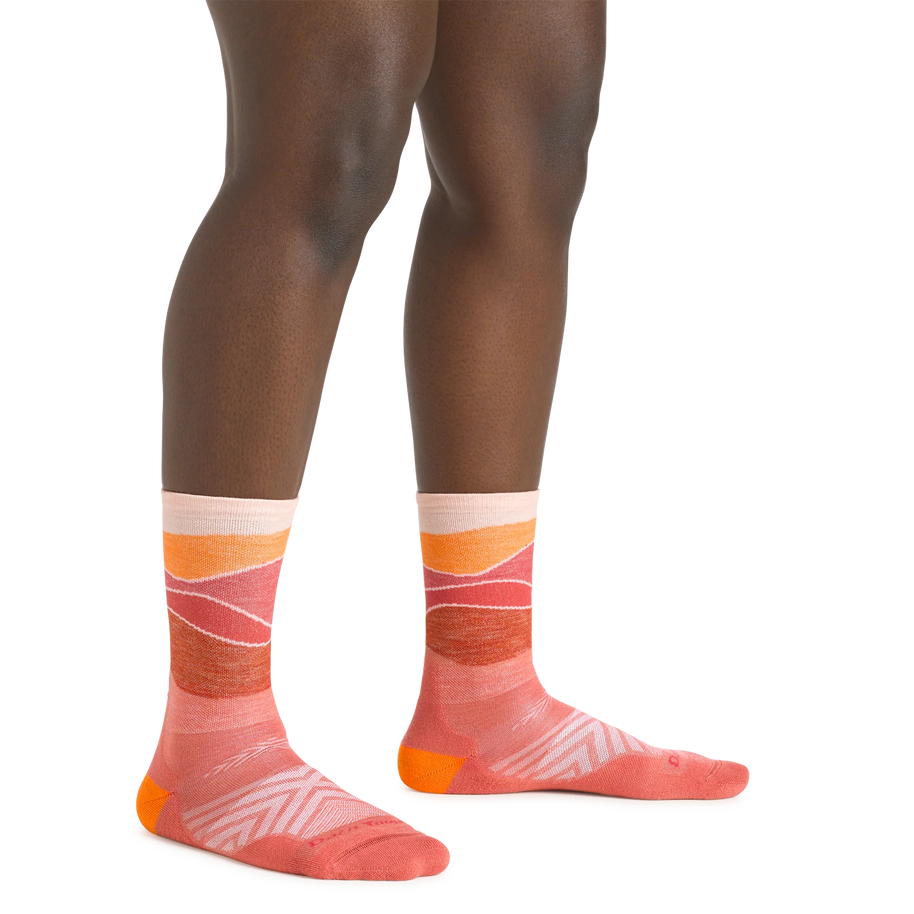 Horizon Micro Crew Ultra-Lightweight w/Cushion Running Sock - Women by Darn Tough in coral pink with orange and red, cushioned running sock ideal for early morning runs and daily wear