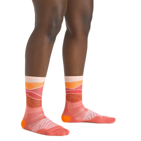 Horizon Micro Crew Ultra-Lightweight w/Cushion Running Sock - Women by Darn Tough in coral pink with orange and red, cushioned running sock ideal for early morning runs and daily wear