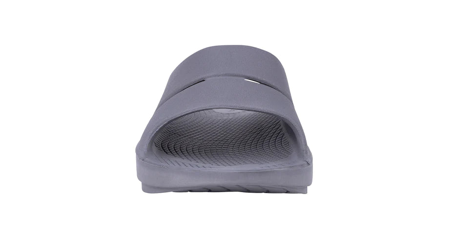 OOahh - Unisex by Oofos in grey, lightweight slides with OOfoam strap for impact absorption and enhanced comfort and support