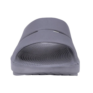 OOahh - Unisex by Oofos in grey, lightweight slides with OOfoam strap for impact absorption and enhanced comfort and support