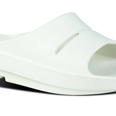 OOahh - Unisex by Oofos in white, lightweight slides with OOfoam strap for impact absorption and comfort, ideal for recovery and casual wear