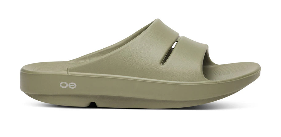 OOahh - Unisex by Oofos in olive green with agile OOfoam strap, impact-absorbing slides designed for comfort and recovery walkwear
