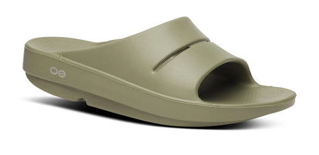 OOahh - Unisex by Oofos in olive green with OOfoam strap for impact absorption and support, ideal for recovery and casual wear
