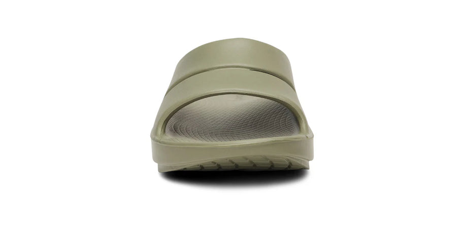 OOahh - Unisex by Oofos in olive green, lightweight slides with OOfoam strap for impact absorption and enhanced comfort
