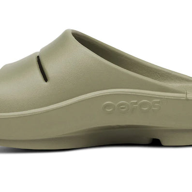 OOahh - Unisex in olive green by Oofos, lightweight slides with OOfoam strap for enhanced support and 37% more impact absorption.