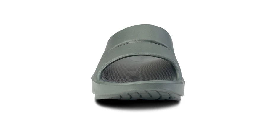 OOahh - Unisex by Oofos in grey with OOfoam strap for extra support and comfort, impact-absorbing slides ideal for recovery and casual wear