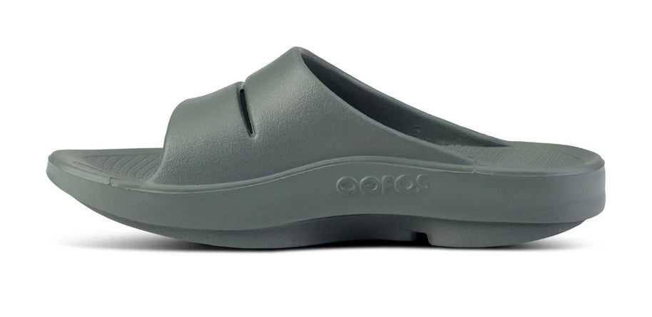 OOahh - Unisex by Oofos in grey with agile OOfoam strap, impact-absorbing slides for comfort and support, ideal for recovery and casual wear