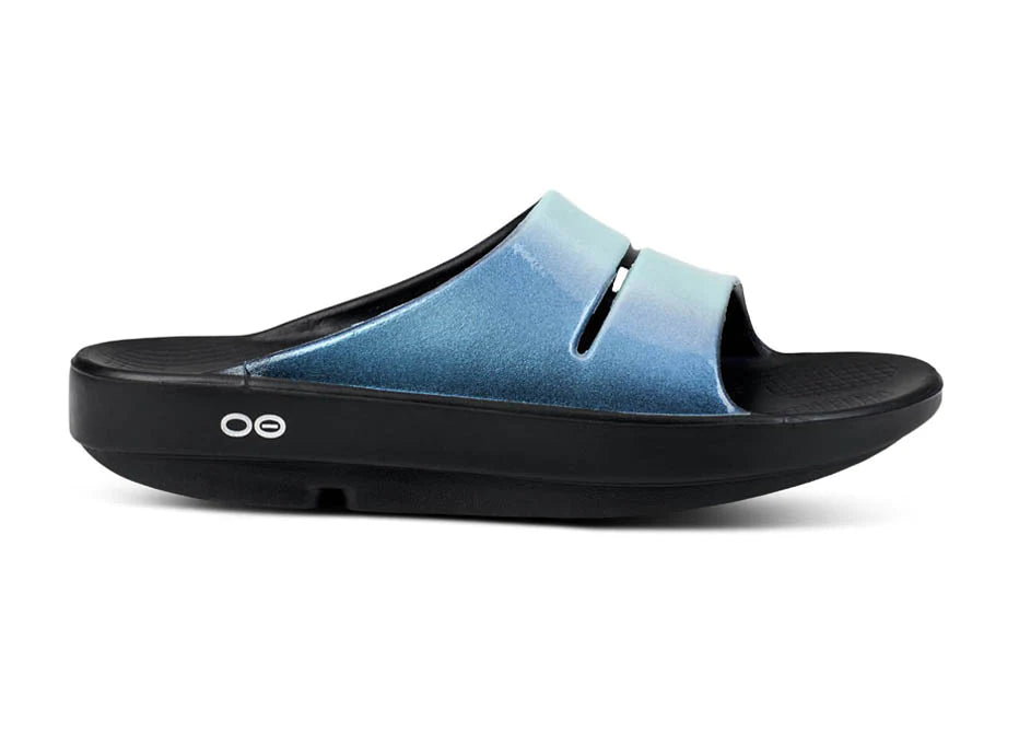 OOahh Luxe - Women by Oofos in blue and black with agile OOfoam strap for support, comfort slides ideal for recovery and casual wear