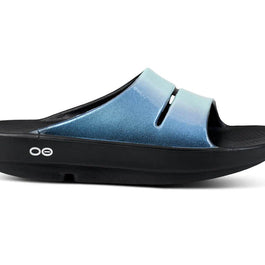 OOahh Luxe - Women by Oofos in blue and black with agile OOfoam strap for support, comfort slides ideal for recovery and casual wear