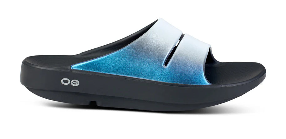 OOahh Luxe - Women by Oofos in black and blue with agile OOfoam strap, hand-painted design, lightweight comfort slides ideal for casual wear