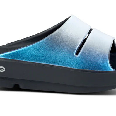 OOahh Luxe - Women by Oofos in black and blue with agile OOfoam strap, hand-painted design, lightweight comfort slides ideal for casual wear