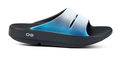 OOahh Luxe - Women by Oofos in black and blue with agile OOfoam strap, hand-painted design, lightweight comfort slides ideal for casual wear